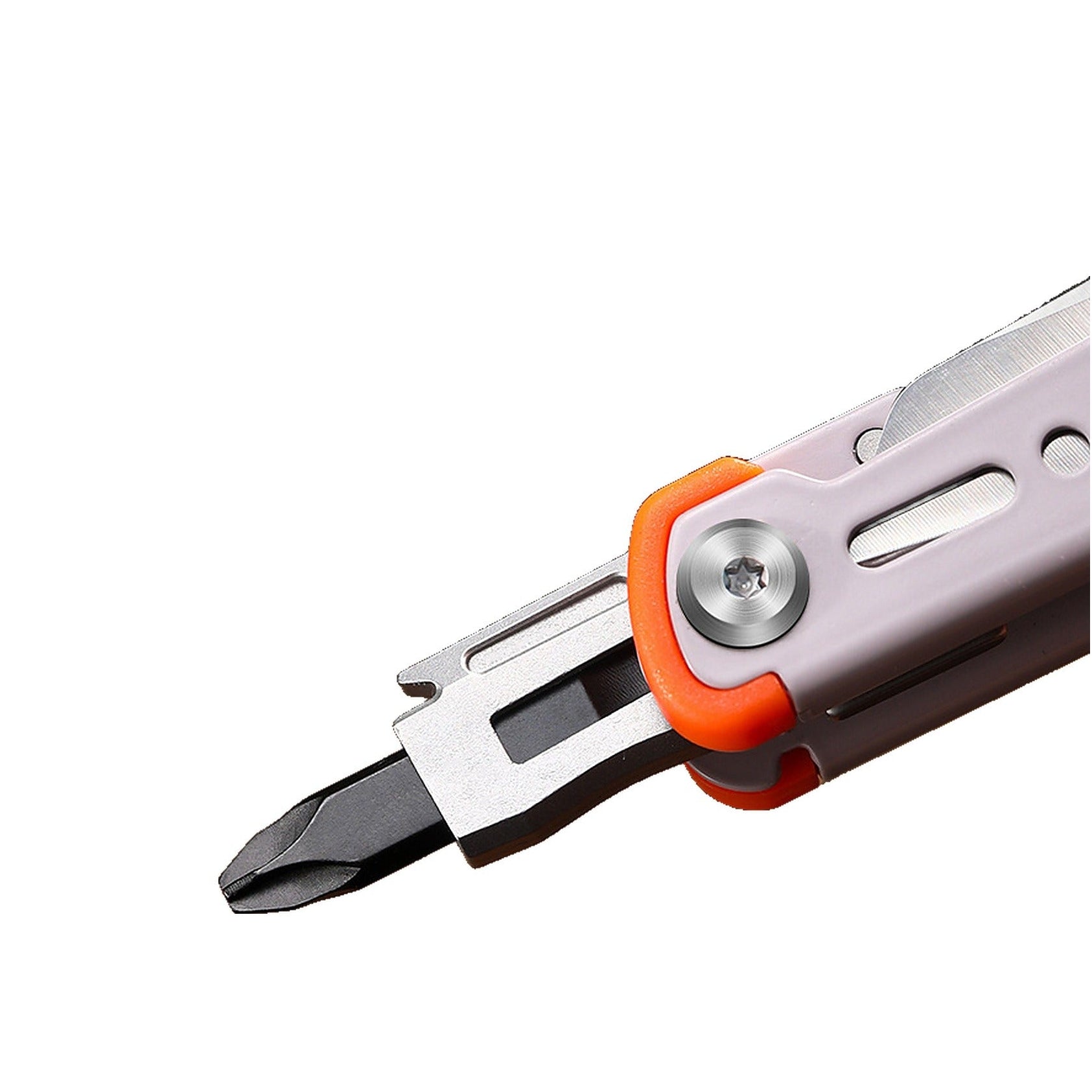 A close-up of a multi-tool with a black flathead screwdriver bit extended, featuring a silver metal body, a light purple handle scale, and a bright orange accent ring.