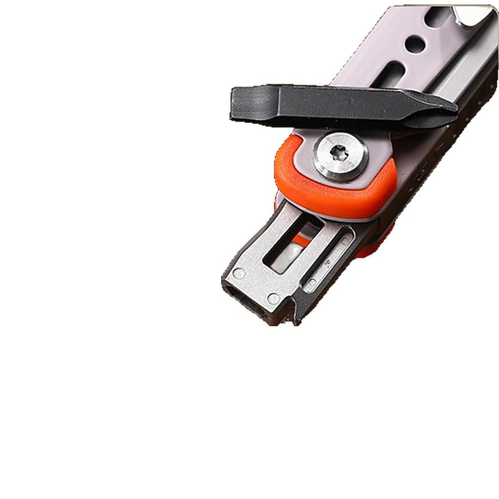 A compact multi-tool pocket knife with a black clip, silver metal body, and bright orange accents, shown on a plain white background.