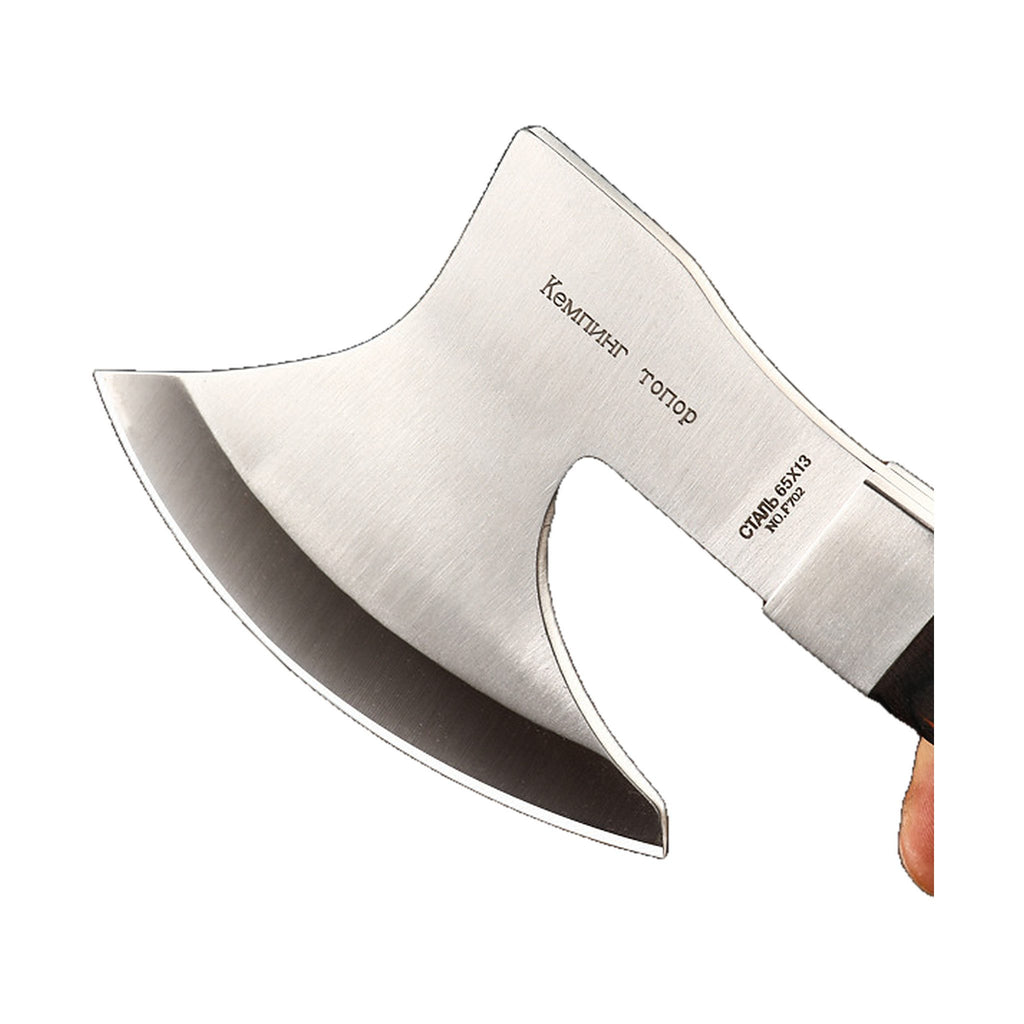 A close-up of a double-bitted axe head with a brushed silver metal finish and black text engraved on the blade, shown against a plain white background.