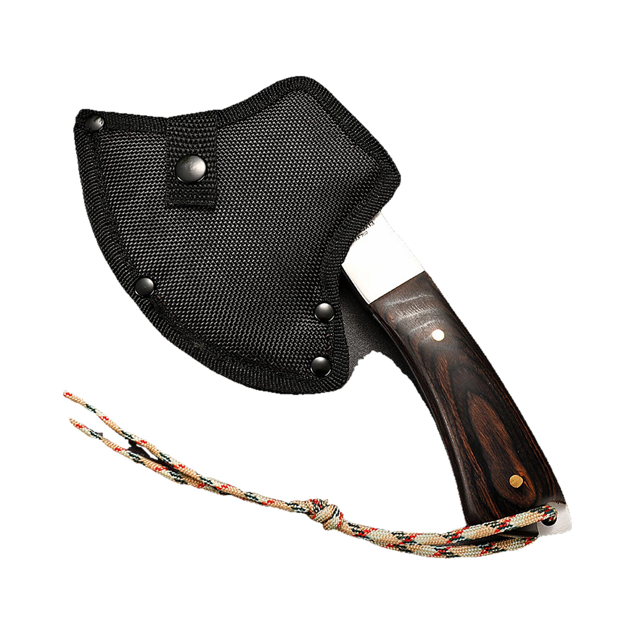 A fixed-blade axe with a dark wood handle and a black mesh sheath, shown on a plain white background. The axe is positioned diagonally with the sheath overlapping the handle, and a braided cord lanyard is attached near the base of the handle.