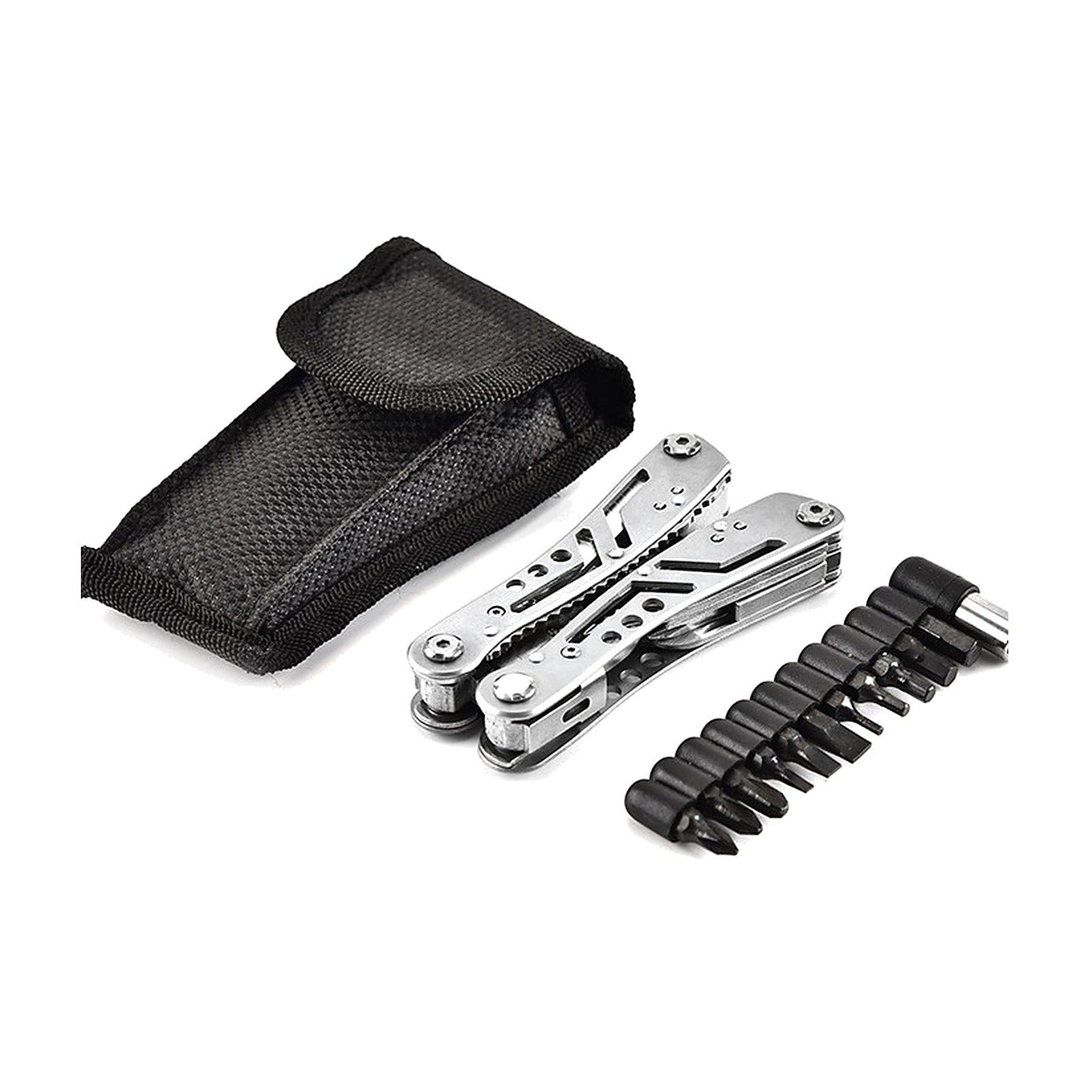 A silver multi-tool with black accessories, including a black mesh sheath and a row of black screwdriver bits, displayed on a clean white background.