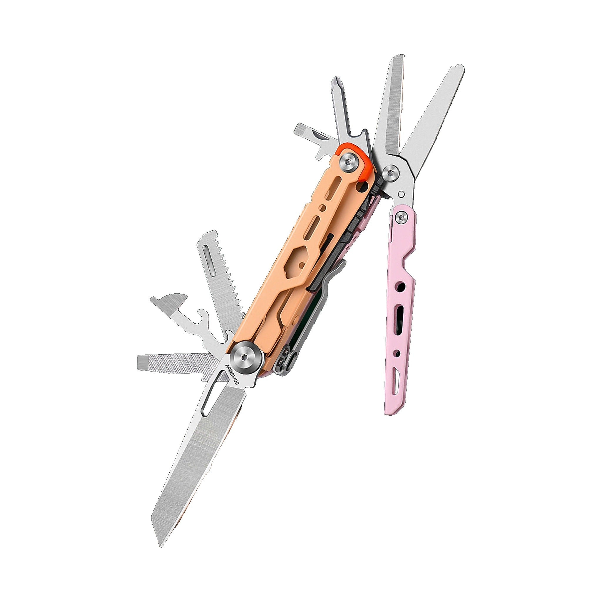 A multi-tool pocket knife with a textured orange handle, silver stainless steel tools, and a pink folding blade, shown against a solid white background.