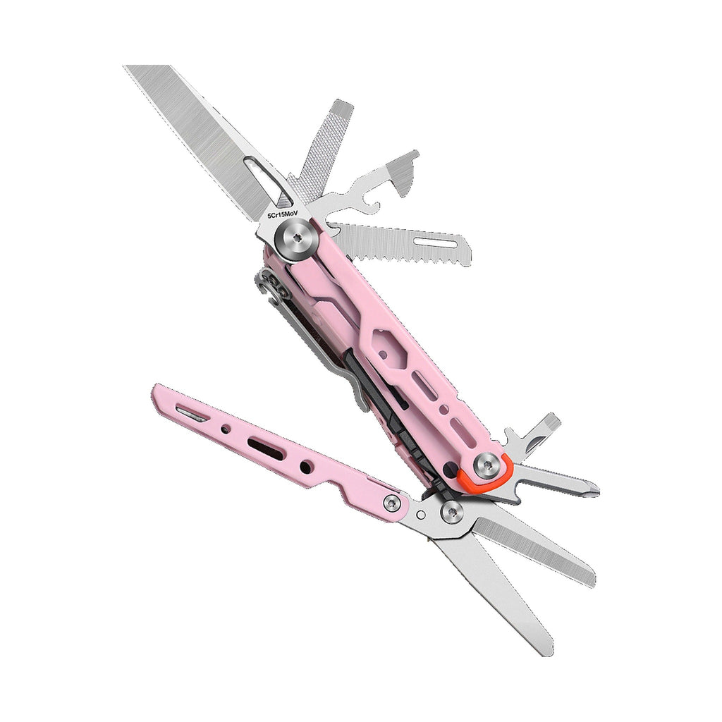 A pink Leatherman multi-tool pocket knife with several silver metal tools extended, including a blade, scissors, and bottle opener, on a plain white background.