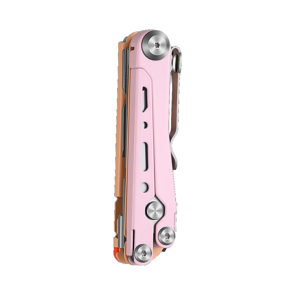 A pink multi-tool pocket knife with silver stainless steel hardware, shown in a side profile view against a solid white background.