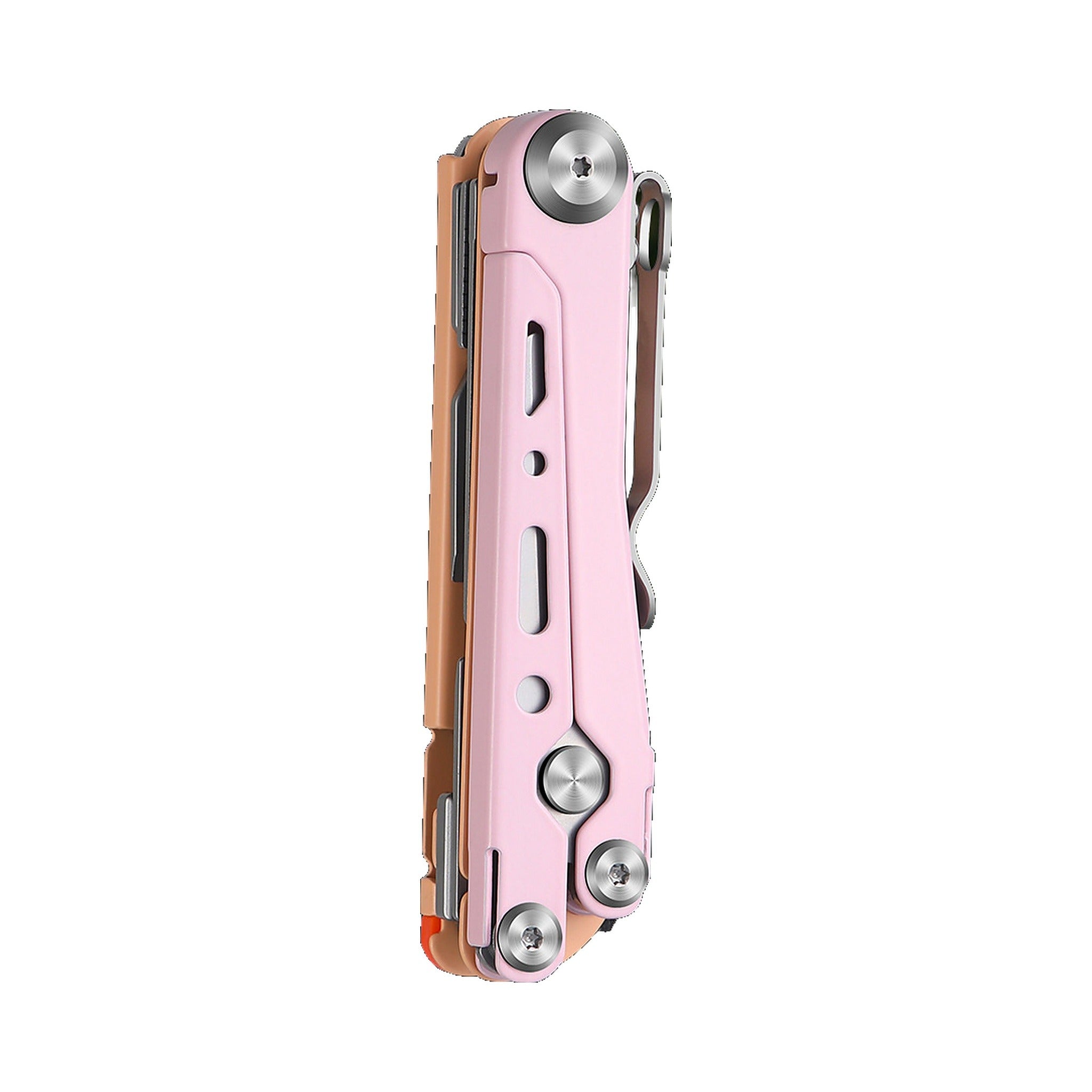 A pink multi-tool pocket knife with silver stainless steel hardware, shown in a side profile view against a solid white background.