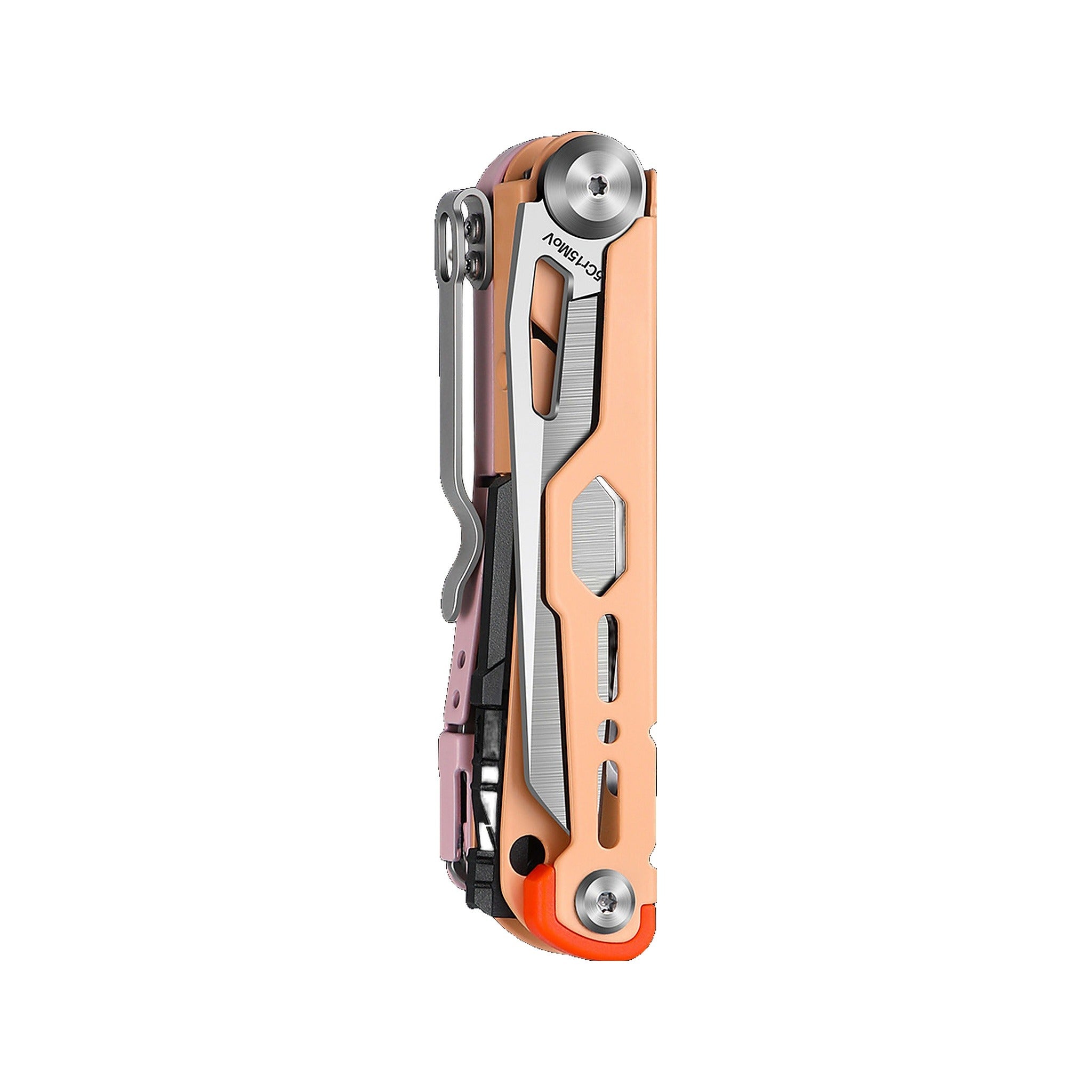 A multi-tool pocket knife with a peach-colored handle, silver stainless steel tools, and a pink clip, shown in a side profile on a solid white background.