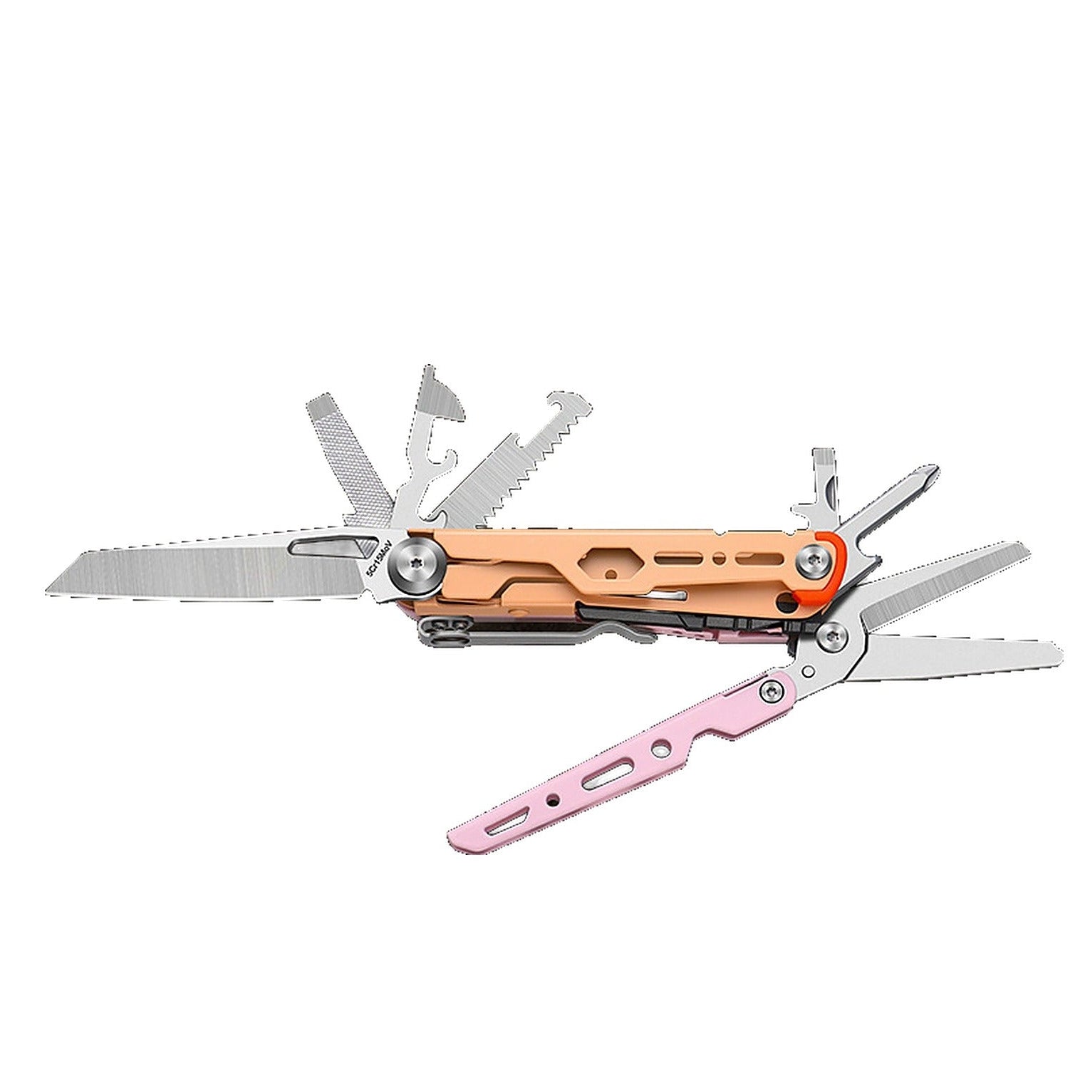 A multi-tool pocket knife with a metallic copper-orange handle, silver steel tools extended, and a pink folding blade, shown against a solid white background.