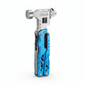 stainless steel multi-tool pocket knives with hammer heads, shown side by side on a white background. The left tool has a bright blue handle scale, and the right tool has a black and gray carbon-fiber-texture handle scale.