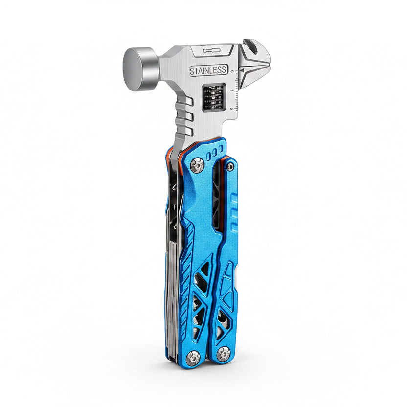 stainless steel multi-tool pocket knives with hammer heads, shown side by side on a white background. The left tool has a bright blue handle scale, and the right tool has a black and gray carbon-fiber-texture handle scale.
