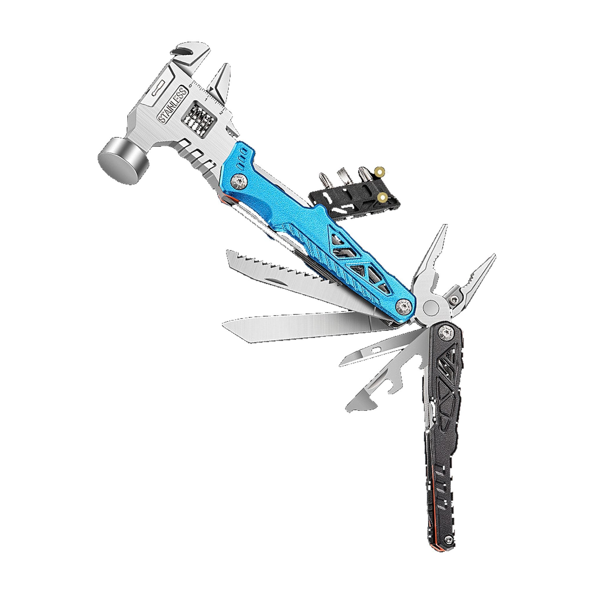 A multi-tool pocket knife with a bright blue handle, silver steel tools, and a black textured grip, shown fully opened against a solid white background.