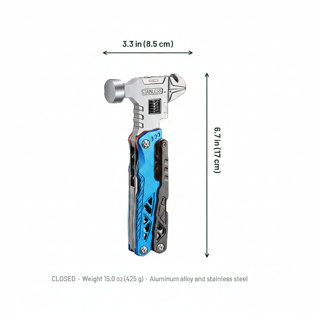folding multi-tool hammer shown on a white background with dimension arrows and text indicating 3.3 in (8.