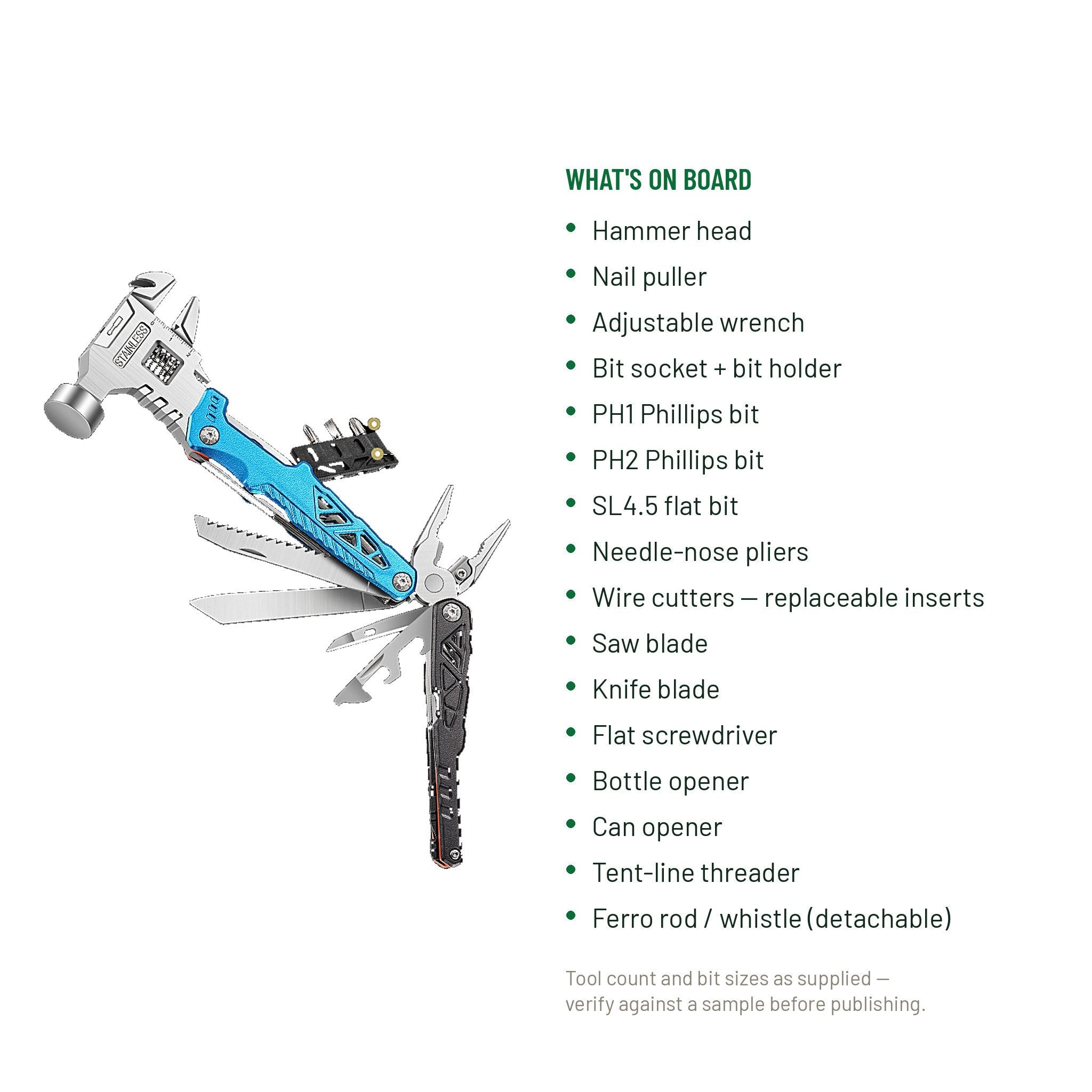 A compact multi-tool with a blue and silver handle is shown on a white background, with a list of included tools and accessories printed to the right under the heading 'WHAT'S ON BOARD'.